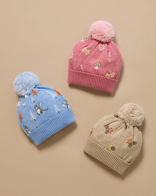 blue, pink, brown knitted beanies