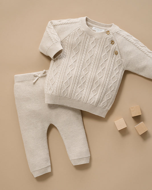 cream baby knitted jumper and leggings with cable stitch