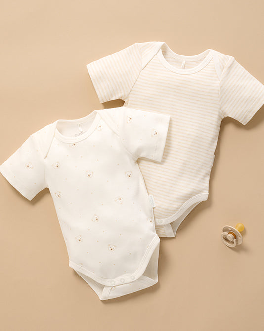 2 neutral coloured short sleeve baby bodysuits